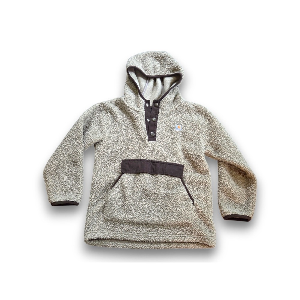 Carhartt Sherpa Fleece Hoodie Tan Half Snap Canvas Trim Boys Kids 7